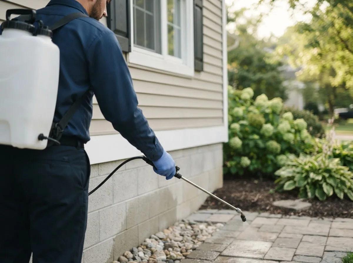 Pest control technician inspecting a home in Onego, WV
